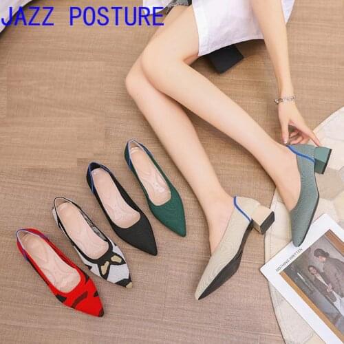 2020 Ladies High Heels Comfortable Square Heel Non-lace Sleeve Breathable Knit Pointed Toe Shoes Mixed Color heels a49