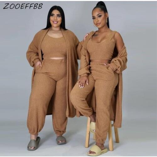 ZOOEFFBB Plush Tracksuit Women Three Piece Outfits Winter Clothes Long Sleeve Coat + Tank Top + Pants Lounge Wear Matching Sets