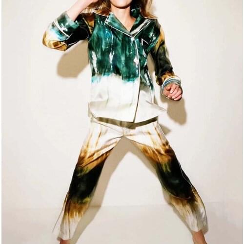 Za 2021 Women Vintage Tie-dye Print Shirt Set Tracksuit Sets Oversized Shirt Pants Suit 2 Pieces Sets Woman Blouse Pants Suits