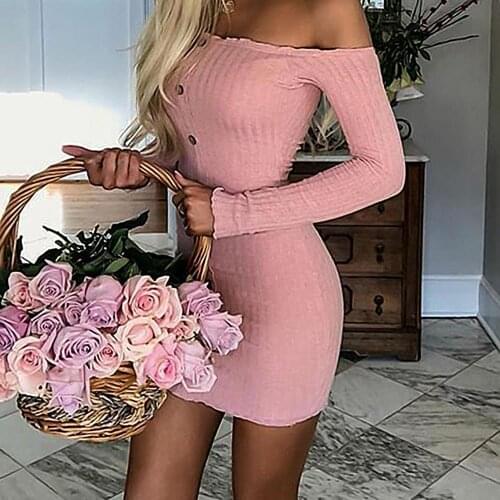 2021 Autumn Sexy Slim Dress Women Solid Color Off Shoulder Long Sleeve Sexy Slash Neck Bodycon Hot Dresses Mini Party Dress