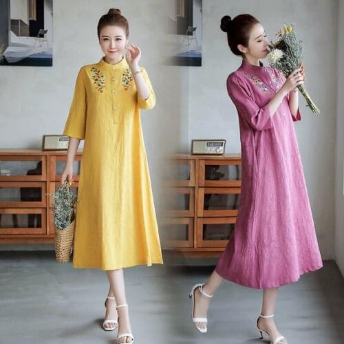 Fashion Embroidery Floral Chinese Style Dress Cotton Linen Half Sleeve Loose Summer New Dress Women Casual Shirts Midi Dress 158