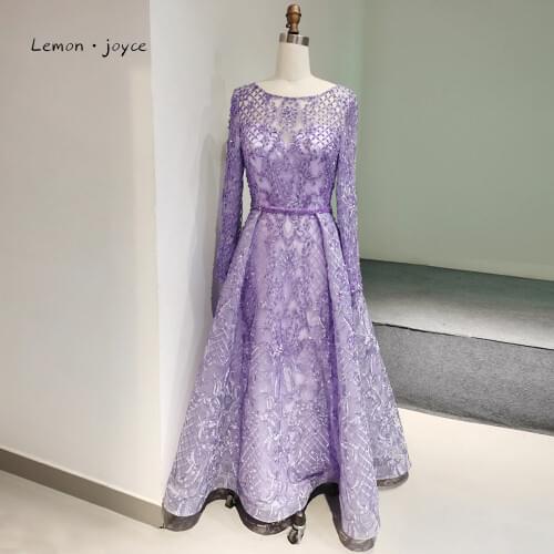 Dubai Muslim Purple Luxury Long Sleeves elegant Evening Dresses 2021 O-Neck Crysta Embroidery Formal Dresses for Woman Plus Size