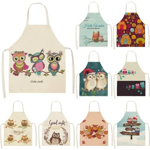 1Pcs Colorful Owl Pattern Cleaning Art Aprons Home Cooking Kitchen Apron Cook Home Wear Cotton Linen Adult Bibs 53*65 cm WQ0128