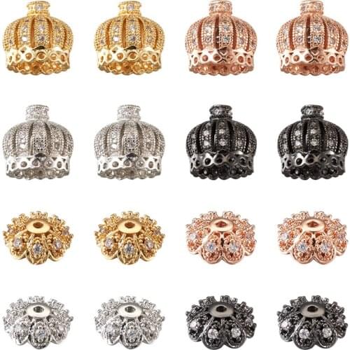 16pcs Cubic Zirconia Crown Spacer Beads Hollow Bras Rhinestone Flower Bead Caps 4 Colors for Bracelets Earrings Jewelry Making