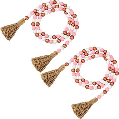 2 Pieces Valentines Day Wood Bead Garlands with Tassels Farmhouse Rustic Country Wood Bead Garland