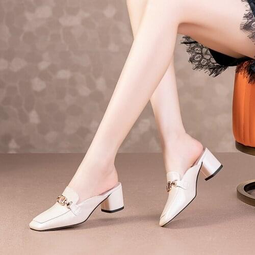 QZYERAI Brand Summer Women Fashion Slippers High-heeled Shoes Genuine Leather Cowhide Sandals Outdoor Slippers