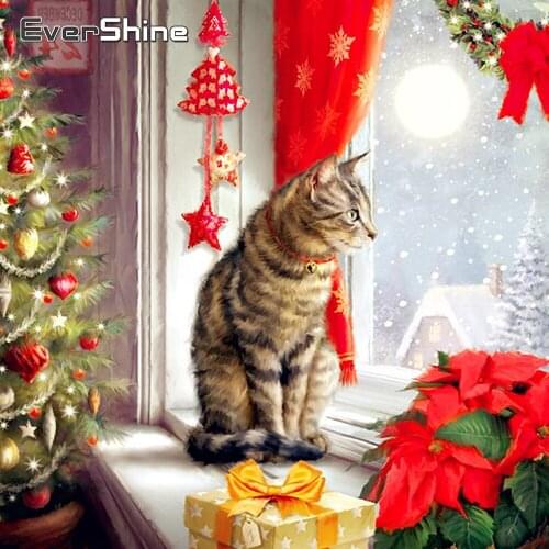 EverShine 5D Diamond Embroidery Animal Diamond Painting Full Square Christmas Cat Picture Of Rhinestones Mosaic Tree Home Decor