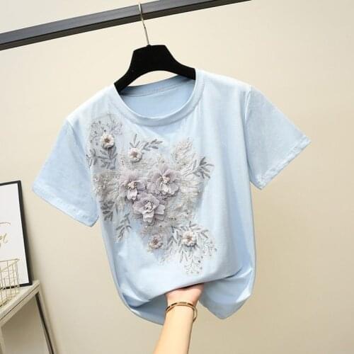 Luxury Embroidery Flowers Appliques Beading T Shirt Women Summer O Neck Short Sleeve Stylish Tops Female Tees Mujer Good Quality