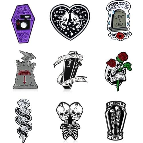 Coffin grave ghost Enamel Lapel Pin Love when you die Creative skeleton flower Brooches Skulls coffin camera Badge Halloween Gif