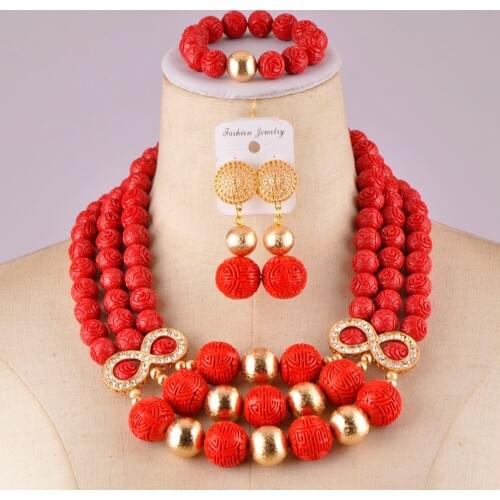 Artificial red coral jewelry set african wedding coral beads gold jewelry sets for women
