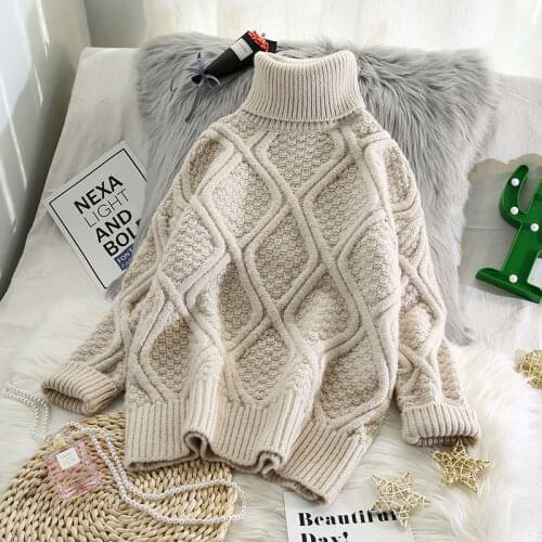 Plaid turtleneck knitted women sweaters solid thicken warm loose all match pulls outwear coat tops