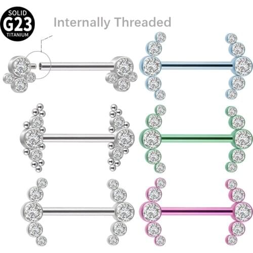 1Pc G23 Titanium Nipple Rings Internally Threaded 2 Tri-bead Cluster 3-CZ Stone Nipple Barbell Piercing Women Body Jewelry 14g