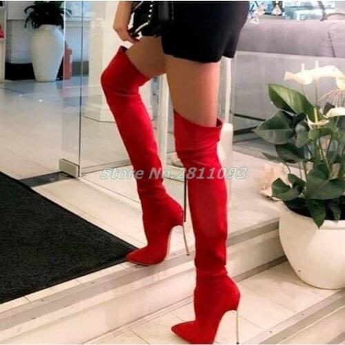 Red Stiletto Heel Pointy Toe Thigh High Heel Boots Metal Gold Heel String Over The Knee Boots Suede Zipper Runway Dress Shoes
