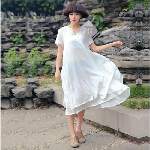 Summer female double cotton linen Solid color short sleeve casual dress Women flax V-neck loose waist vintage dresses plus size