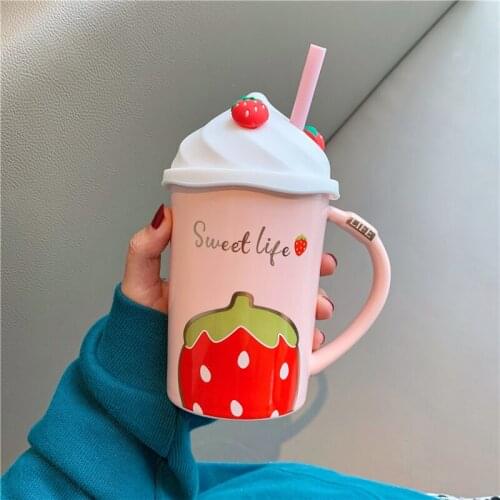 Cute Strawberry Water Mug with Lid and Straw Coffee Ceramic Milk Cup Tea Lovely Creative Pink Cartoon Couple Gift Tazas De Cafe