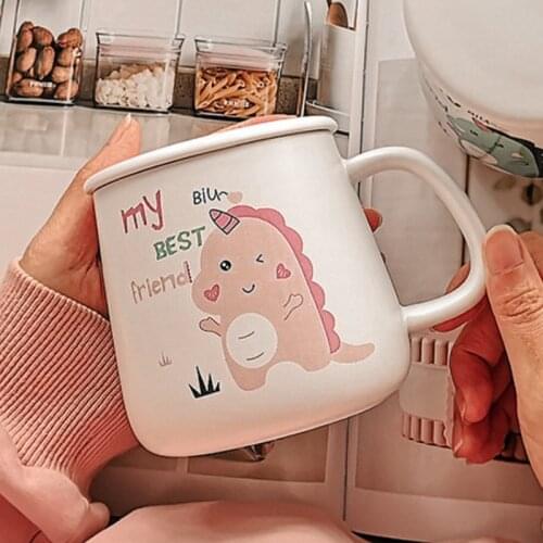 Cute Cartoon Dinosaur Water Cup Couple Mug Girls Ceramic Milk Cup with Lid Spoon Mugs Coffee Cups with Lid Tea Cup Set