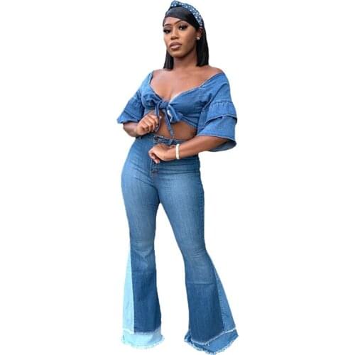 2021 New Arrival Vintage Jeans Women Plus Size 2XL Fashion Stretch Cotton Denim Wide Leg Flare Pants Trousers Streetwear Ddlg