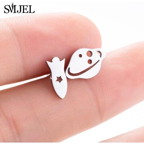 SMJEL Fashion Stainless Steel Jewelry Rocket Spaceship Stud Earrings Men Satellite Planets Ear Earrings for Women Boy Gift