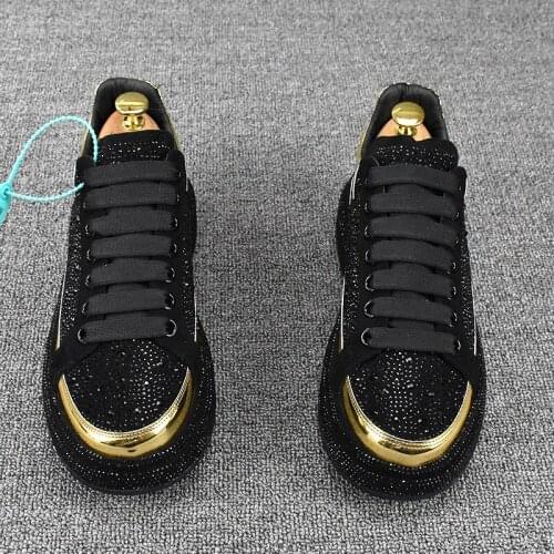 New Luxury Designer Graffiti Rhinestones Shoes Fashion Lace Up Black Causal Flats Sneakers Male Rock Hip Hop Loafers S50