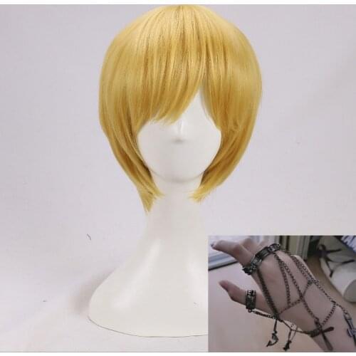 Anime Hunter x Hunter Wigs Kurapika Short Blonde Heat Resistant Synthetic Hair Cosplay Wig + Wig Cap + Rings Chain Accessories