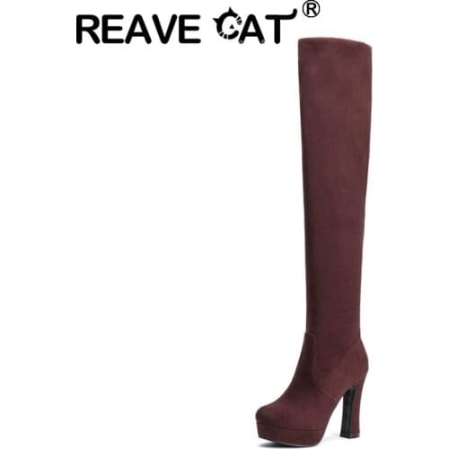 REAVE CAT 2021 Sexy Ladies Over The Knee Boots Flock Slip On Foldable Platforms 11CM Block Heel US11 12 Black Brown Blue A4478