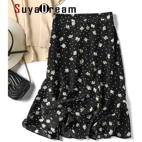 SuyaDream Woman Floral SKirts 2021 Summer Autumn 100%Real Silk Elegant OL Long Skirt Black
