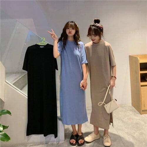 Spring and summer 2021 new Korean students Western style short tall T-shirt skirt long loose dress women