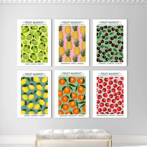 Fruit Market Cherry Lemon Strawberry Orange Vintage Nordic Posters And Print Wall Art Canvas Painting Wall Picture Kitchen Decor