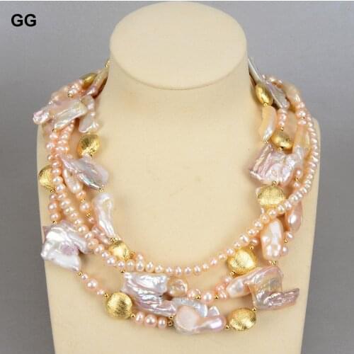 GuaiGuai Jewelry Natural Pearl 4Rows Purple Keshi Baroque Coin Pearl Pink Biwa Pearl Gold Color Coin Necklace For Women