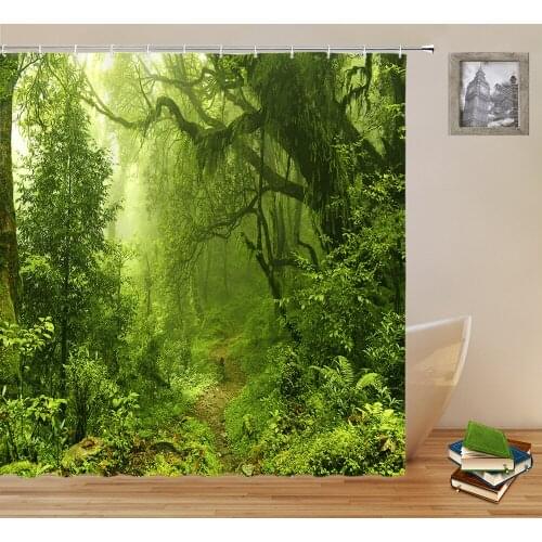 Primeval Forest Landscape Shower Curtains Green Plant Tree Natural Scenery Pattern Bathroom Polyester Cloth Hanging Curtain Set