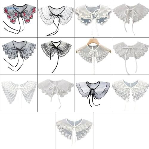 Women Lolita Decorative Fake Collar Lace Shawl Capelet Hollow Embroidery Layered Dickey Self-Tie Ribbon Mesh Necklace