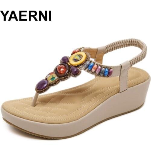 YAERNI 2018 Summer Women Wedge Gladiator sandals Shoes Women Bohemia String bead Beach Flip flop Platforms Flat Sandals 35-42