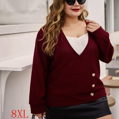 Fall 2020 plus size womens sweater 4XL-8XL bust 135CM womens sexy V-neck long-sleeved button casual solid color sweater