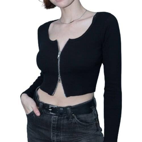 XEASY 2021 Women Y2K Round Neck Vintage Solid Sweater Girl Streetwear Zipper Fashion Slim Short Knitted Cardigan Chic Tops