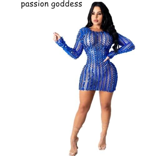 Passion Goddess New Arrival 2021 Summer Women Sexy Hollow Out Sequin Shine Mini Bodycon Dress Long Sleeve Night Club Party Dress