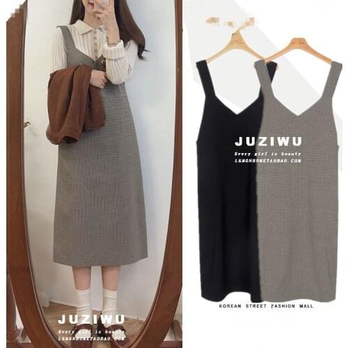 Spring autumn vintage preppy style women slim waist V-neck plaid spaghetti strap dress