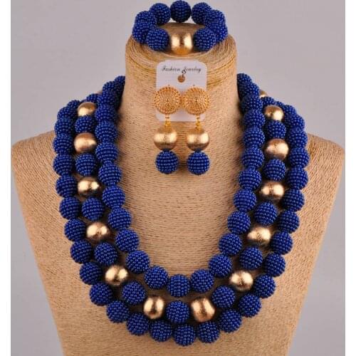 24inchs long costume necklace royal blue african beads jewelry set simulated pearl nigerian wedding bridal jewelry sets FZZ84