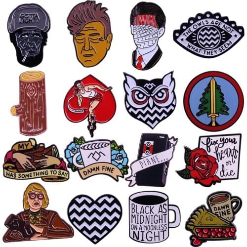Twin Peaks Enamel Brooch Pin Double R Coffee Agent Cooper Badge Black Lodge Owl Brooch David Lynch Movie Fans Art Collection
