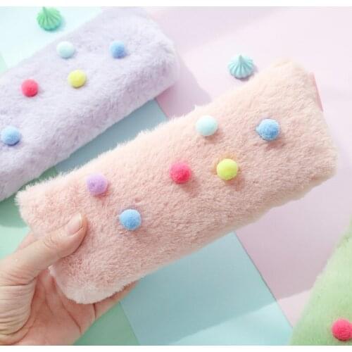 Cute Macarone Color Large Capacity Plush Stationery Bag Pencil Bag Pencil Box Pencil Case School Office Gift Supplies