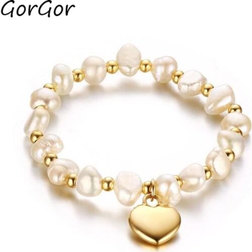 GorGor 2020 Trendy Stainless Steel Heart Shaped Pearl Charm Bracelets for Women Jewelry Valentines Gift BR-329