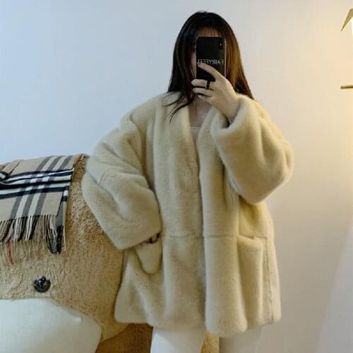 Cute mink medium length warm winter coat with artificial fur and high quality mink coat