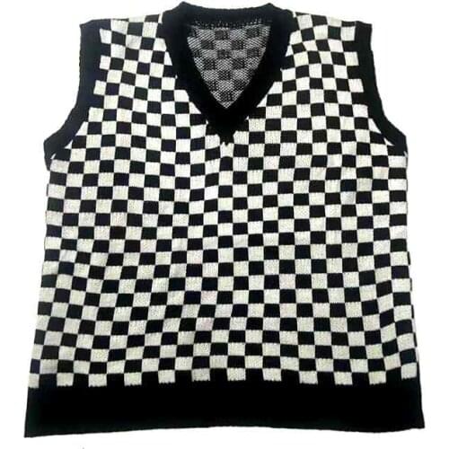 Trendy Retro Sleeveless Vest Vest Street V-neck Black and White Checked Sweater Mens and Womens Knitwear Pullover Top