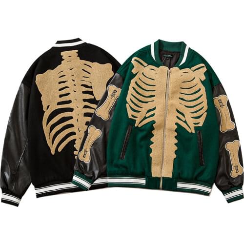 High Street Vintage Baseball Jackets Men Skeleton Furry Bone Patchwork Bomber Jackets College Style Oversized Streetwear Unisex