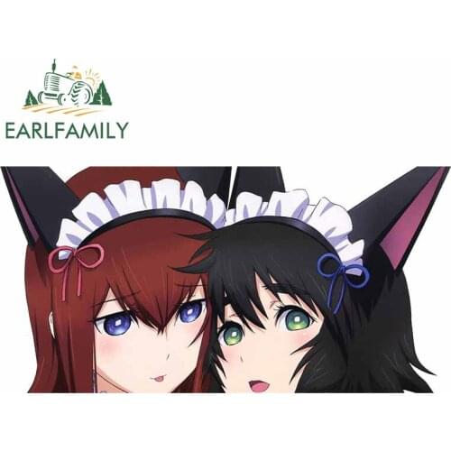 EARLFAMILY 13cm x 6.4cm Half Head Car Stickers for Steins Gate Auto Beauty Anime Decals Waterproof Laptop Refrigerator Wrap