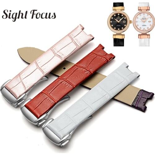 16x8mm Women Calfskin Leather Watch Strap Band for Omega Watch de Ville 425.38 Ladies Bracelets Deployant Clasp Belt Band Correa