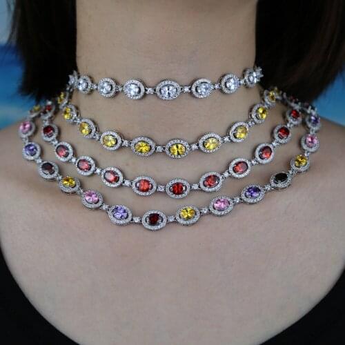 Luxury rainbow colorful oval cz beads link chain 5A cubic zirconia iced out bling tennis necklace for women 16" 18" jewelry