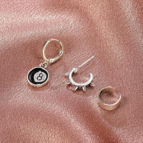 Ins Style Black 8 Billiards Earrings Sharp Cone Earrings Set Retro Metal No. 8 Ear Clip Three-Piece Personality Earrings Women
