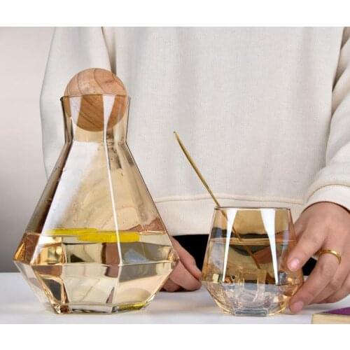 Nordic Style Six-sided Glass Cold Water Bottle Home Living Room Jug Set Wooden Ball Cover Colorful Water Bottle Water Cup