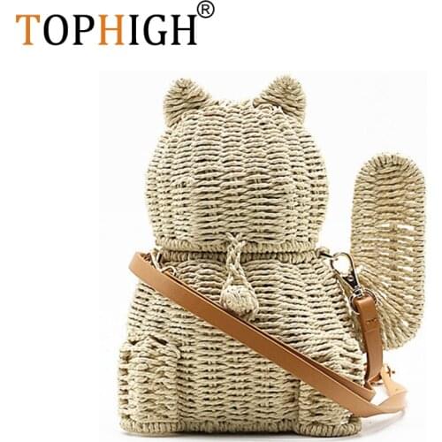 TOPHIGH New Lucky Cat Straw Bag Hand-Woven Animal-Shaped Cartoon Cute Hang Buckle Shoulder Bag Fashion Lovely Lady Crossbody Bag