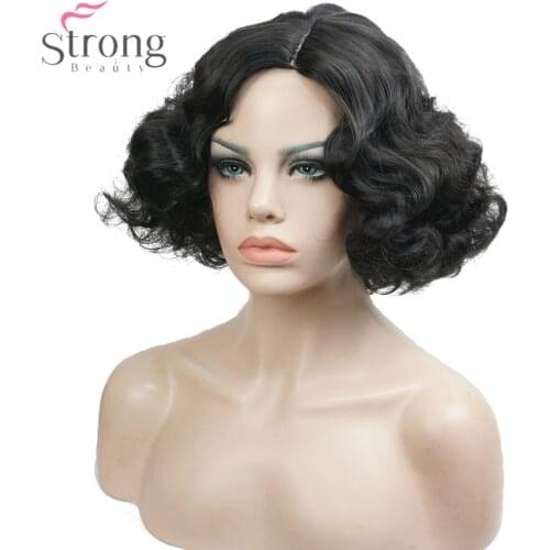 StrongBeauty Black Flapper Hairstyle Short Curly Hair Womens Synthetic Capless Wigs